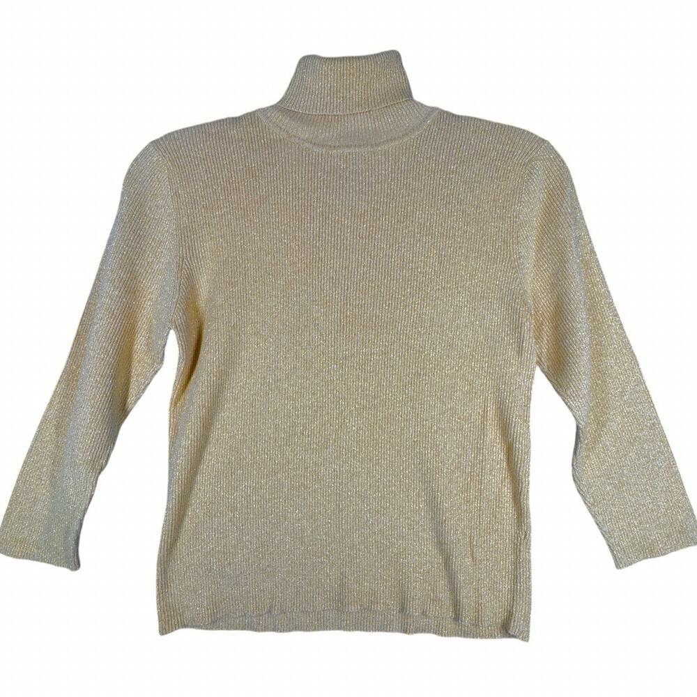 Garnet Hill Sweater Women Large Tan Gold Shimmer Turtleneck Y2K Preppy Vintage